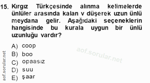 15. soru: Kırgız Türkçesinde alınma kelimelerde ünlüler arasında kalan v düşerek uzun ünlü meydana gelir. Aşağıdaki seçenekleri…