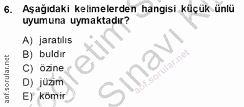 6. soru: Aşağıdaki kelimelerden hangisi küçük ünlü uyumuna uymaktadır? A) jaratilıs B) buldır C) özine Sınav D) jüzim E) komır