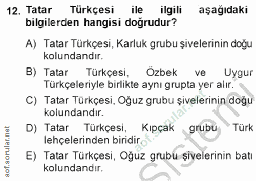12. soru: Tatar Türkçesi ile ilgili aşağıdaki bilgilerden hangisi doğrudur? A) Tatar Türkçesi, Karluk grubu şivelerinin doğu ko…