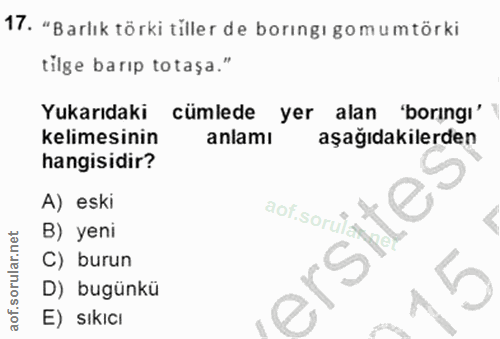 17. soru: "Barlık törki tiller de boringı gomumtörki tilge barıp totașa." Yukarıdaki cümlede yer alan 'borıngı' kelimesinin anl…