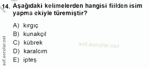 14. soru: Aşağıdaki kelimelerden hangisi fiilden isim yapma ekiyle türemiştir? A) kırgıç B) kunakçıl orular.net C) kübrek D) ka…