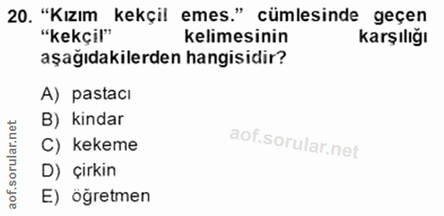 20. soru: "Kızım kekçil emes." cümlesinde geçen "kekçil" ‹elimesinir sağıdakilerden hanaisidir A) pastacı B) kindar ula C) keke…