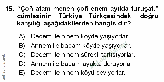 15. soru: "Çoñ atam menen çoñ enem ayılda turuşat." cümlesinin Türkiye Türkçesindeki doğru karşılığı aşağıdakilerden hangisidir…