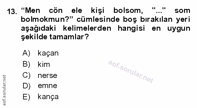 13. soru: "Men cön ele kiși bolsom, ".." som bolmokmun?" cümlesinde boş bırakılan yeri aşağıdaki kelimelerden hangisi en uygun…