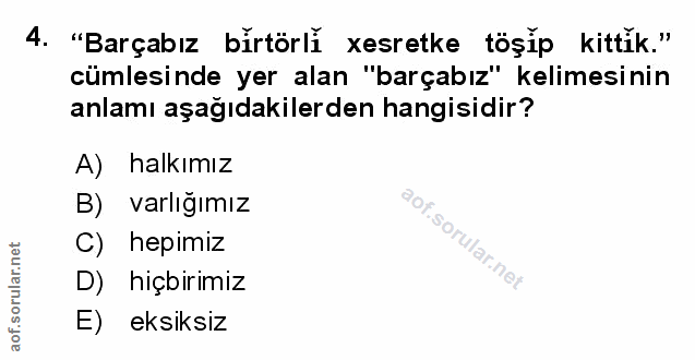 4. soru: "Barçabız birtörli xesretke töşíp kittik." cümlesinde yer alan "barçabız" kelimesinin anlamı aşağıdakilerden hangisid…