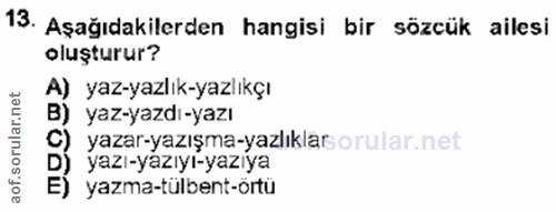 13. soru: Aşağıdakilerden hangisi bir sözcük ailesi oluşturur? A) yaz-yazlık-yazlıkçı B) yaz-yazdı-yazı C) yazar-yazışma-yazlık…