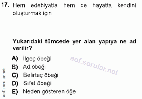 17. soru: Hem edebiyatta hem de hayatta kendini oluşturmak için Yukarıdaki tümcede yer alan yapıya ne ad verilir? A) İlgeç öbeğ…
