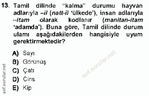 13. soru: Tamil dilinde "kalma" durumu hayvan adlarıyla -il (natt-il 'ülkede'), insan adlarıyla -itam olarak kodlanır (manitan-…