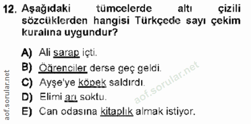 12. soru: Aşağıdaki tümcelerde altı çizili sözcüklerden hangisi Türkçede sayı çekim kuraiına uygundur? A) Ali sarap içti. B) Öğ…