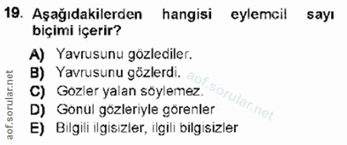 19. soru: Aşağıdakilerden hangisi eylemcil sayı biçimi içerir? A) Yavrusunu gözlediler. Yavrusunu gözlerdi. ao C) Gozler yalan…