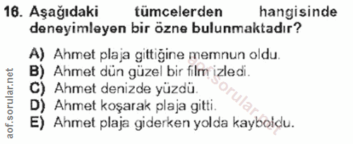 16. soru: Aşağıdaki tümcelerden hangisinde deneyimleyen bir özne bulunmaktadır? A) Ahmet plaja gittiğine memnun oldu. B) Ahmet…