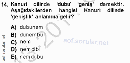 14. soru: Kanuri dilinde 'dubu' 'geniş' demektir. Aşağıdakilerden hangisi Kanuri dilinde 'genişlik' anlamına gelir? " A) dubune…
