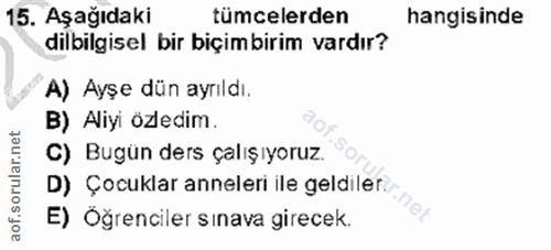 15. soru: Aşağıdaki tümcelerden hangisinde dilbilgisel bir biçimbirim vardır? A) Ayşe dün ayrıldı. B) Aliyi özledim. C) Bugün d…