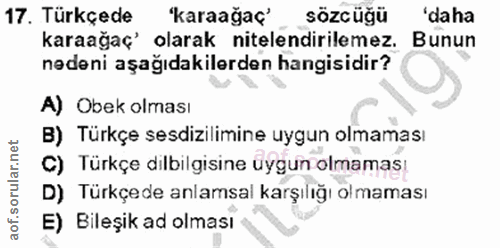 17. soru: Türkçede 'karaağaç' sözcüğü 'daha karaağaç' olarak nitelendirilemez. Bunun nedeni aşağıdakilerden hangisidir? A) Obek…