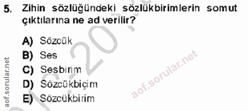 5. soru: Zihin sözlüğündeki sözlükbirimlerin somut çıktılarına ne ad verilir? A) Sözcük B) Ses C) Sesbirim D) Sözcükbiçim E) S…