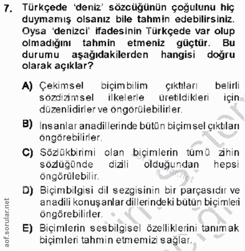 7. soru: Türkçede 'deniz' sözcüğünün çoğulunu hiç duymamış olsanız bile tahmin edebilirsiniz. Oysa 'denizci' ifadesinin Türkçe…