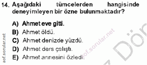 14. soru: Aşağıdaki tümcelerden hangisinde deneyimleyen bir özne bulunmaktadır? A) Ahmet eve gitti. B) Ahmet öldü. C) Ahmet den…