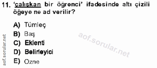 11. soru: 'calıskan bir öğrenci' ifadesinde altı çizili ögeye ne ad verilir? A) Tümleç B) Baş C) Eklenti D) Belirleyici E) Ozne
