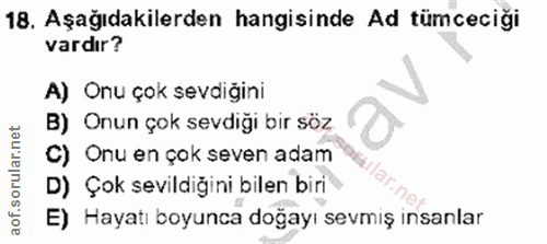 18. soru: Aşağıdakilerden hangisinde Ad tümceciği vardır? A) Onu çok sevdiğini B) Onun çok sevdiği bir söz C) Onu en çok seven…