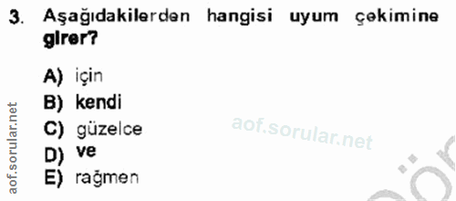 3. soru: Aşağıdakilerden hangisi uyum çekimine girer? A) için B) kendi C) güzelce D) ve E) rağmen