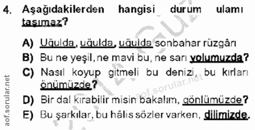 4. soru: Aşağıdakilerden hangisi durum ulamı taşımaz? A) Uğulda, uğulda, uğulda sonbahar rüzgârı B) Bu ne yeșil, ne mavi bu, n…
