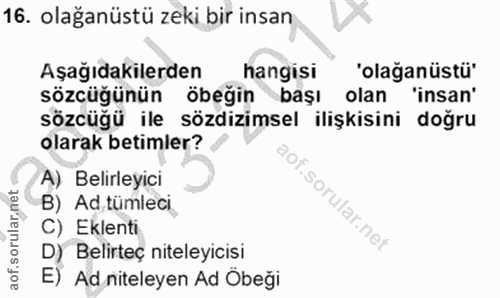 16. soru: olağanüstü zeki bir insan Aşağıdakilerden hangisi 'olağanüstü" sözcüğünün öbeğin başı olan 'insan' sözcüğü ile sözdiz…