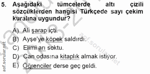 5. soru: Aşağıdaki tümcelerde altı çizili sözçüklerden hangisi Türkçede sayı çekim kuralına uygundur? A) Ali şarap içti. B) Ay…