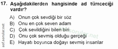 17. soru: Aşağıdakilerden hangisinde ad tümceciği vardır? A) Onun çok sevdiği bir söz B) Onu en çok seven adam C) Çok sevildiği…