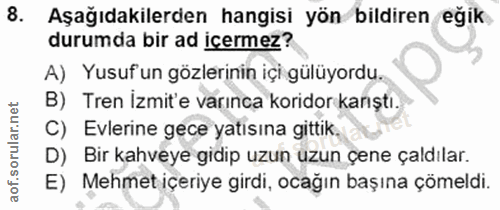 8. soru: Aşağıdakilerden hangisi yön bildiren eğik durumda bir ad icermez? A) Yusuf'un gözlerinin içi gülüyordu. B) Tren İzmit…