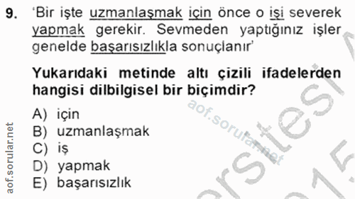 9. soru: 'Bir işte uzmanlaşmak için önce o işi severek yapmak gerekir. Sevmeden yaptığınız işler genelde başarısızlıkla sonuçl…