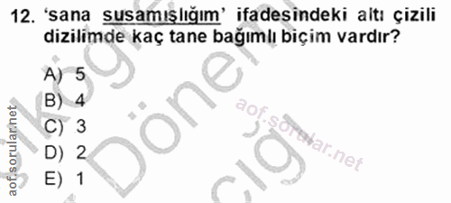 12. soru: 'sana susamışlığım' ifadesindeki altı çizili dizilimde kaç tane bağımlı biçim vardır? A) 5 B) aof sorularinet C) 3 Sr…