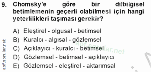9. soru: Chomsky'e göre bir dilbilgisel betimlemenin geçerli olabilmesi için hangi yeterlilikleri taşıması gerekir? A) Eleştir…