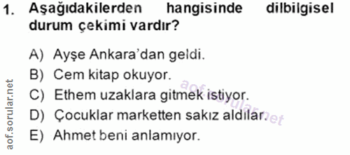 1. soru: Aşağıdakilerden hangisinde dilbilgisel durum çekimi vardır? A) Ayşe Ankara dan geldi. B) Cem kitap okuyor. C) Ethem u…