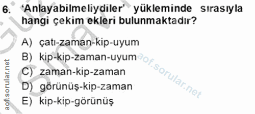 6. soru: 'Anlayabilmeliydiler'" yükleminde sırasıyla hangi çekim ekleri bulunmaktadır? A) çatı-zaman-kip-uyum C) zaman-kip-zam…