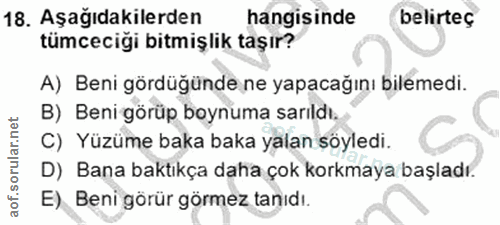 18. soru: Aşağıdakilerden hangisinde belirteç tümcecigi bitmişlik taşır? A) Beni gördüğünde ne yapacağını bilemedi. B) Beni gör…