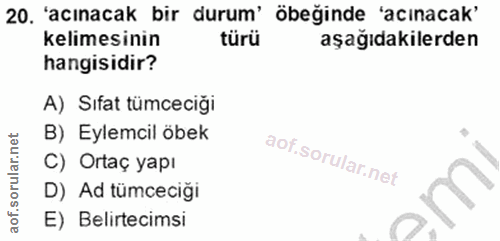 20. soru: 'acınacak bir durum' öbeğinde 'acınacak' kelimesinin türü aşağıdakilerden hangisidir? A) Sıfat tümceciği B) Eylemcil…