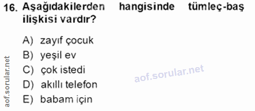16. soru: Aşağıdakilerden hangisinde tümleç-bas ilişkisi vardır? A) zayıf çocuk B) yeşil ev orular.net C) çok istedi D) akıllı…
