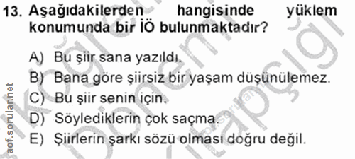 13. soru: Aşağıdakilerden hangisinde yüklem konumunda bir iÖ bulunmaktadır? A) Bu şiir sana yazıldı. B) Bana göre şiirsiz bir y…