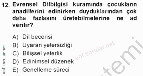 12. soru: Evrensel Dilbilgisi kuramında çocukların anadillerini edinirken duyduklarından çok daha fazlasını üretebilmelerine ne…