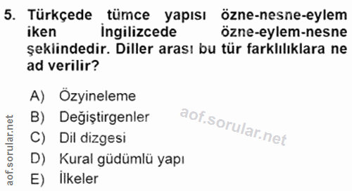 5. soru: Türkçede tümce yapısı özne-nesne-eylem iken ingilizcede özne-eylem-nesne şeklindedir. Diller arası bu tür farklılıkla…