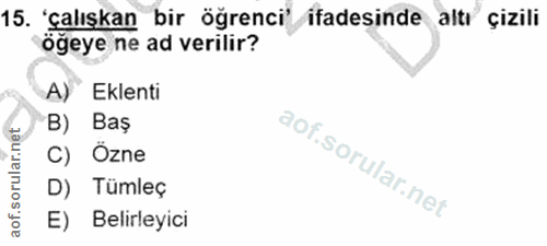 15. soru: 'çalışkan bir öğrenci', ifadesinde altı çizili ögeye ne ad verilir? A) Eklenti B) Baş C) Özne D) Tümleç E) Belirleyici