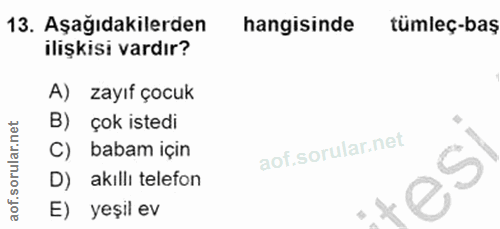 13. soru: Aşağıdakilerden hangisinde tümleç-baş ilişkisi vardır? A) zayıf çocuk B) çok istedi C) babam için D) akıllı telefon E…