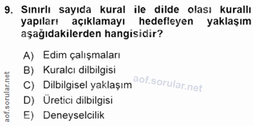 9. soru: Sınırlı sayıda kural ile dilde olası kurallı yapıları açıklamayı hedefleyen yaklaşım aşağıdakilerden hangisidir? A) E…