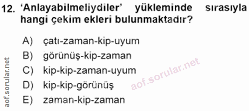 12. soru: 'Anlayabilmeliydiler' yükleminde Sırasıyla hangi çekim ekleri bulunmaktadır? A) çatı-zaman-kip-uyum B) görünüş-kip-za…