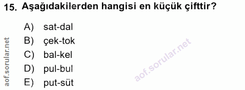 15. soru: Aşağıdakilerden hangisi en küçük çifttir? A) sat-dal B) çek-tok C) bal-kel D) pul-bul E) put-süt