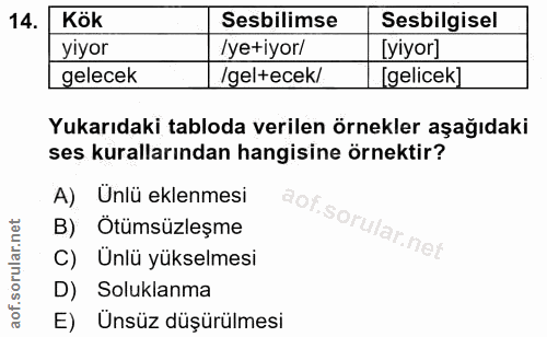 14. soru: Kök Sebilimse Sesbilgisel yiyor /yetiyor/ [yiyor] gelecek /gel+ecek/ [gelicek] Yukarıdaki tabloda verilen örnekler aş…