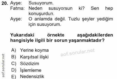 20. soru: Ayşe: Susuyorum. Fatma: Neden susuyorsun ki? Sen hep konuşurdun. Ayşe: O anlamda değil. Tuzlu şeyler yediğim için sus…