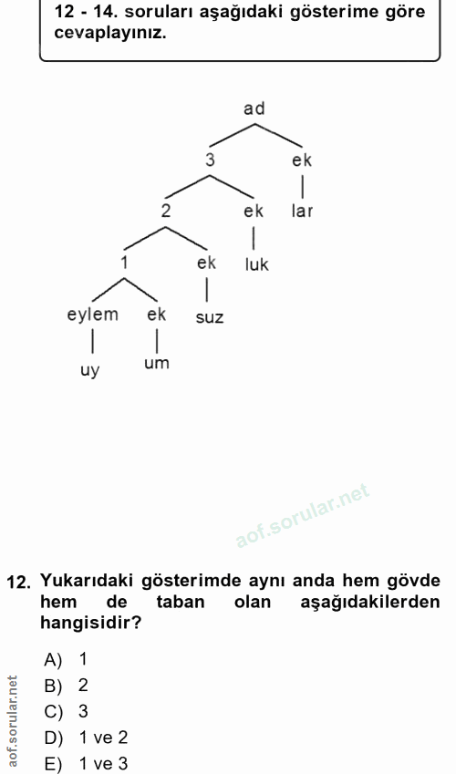 12. soru: 12 - 14. soruları aşağıdaki gösterime göre cevaplayınız. ad 3 ek 2 ek lar ek luk eylem ek suz uy um 12. Yukarıdaki gö…