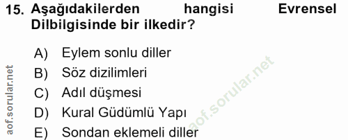 15. soru: Aşağıdakilerden hangisi Evrensel Dilbilgisinde bir ilkedir? A) Eylem sonlu diller B) Söz dizilimleri C) Adıl düşmesi…