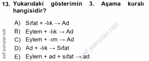 13. soru: Yukarıdaki gösterimin 3. Aşama kuralı hangisidir? A) Sıfat + -lik → Ad B) Eylem + -lık → Ad C) Eylem + -ım → Ad D) Ad…
